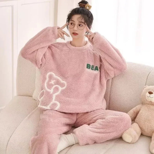 Warm Sleepwear for Winterthickened Warm Flannel Pajamas Student Long Sleeve Cartoon Ladies Loungewear Setpajamas Woman Offer