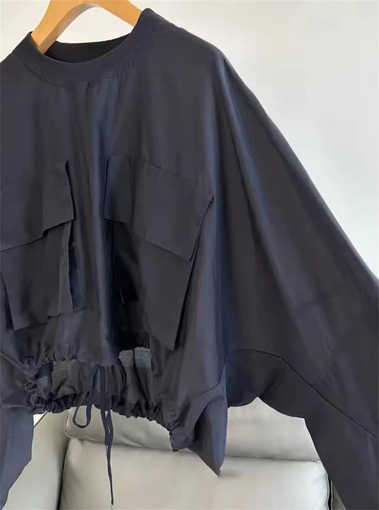 Fashion Round Neck Blue Top Long Sleeves Thin Blouse Women's Casual Loose Aged Shirt Versatile Drawstring Women's Clothes