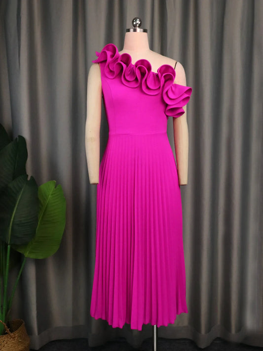 Women Dress One Shoulder Ruffles Pleated Elegant Party Evening African Lady Celebrate High Waist Birthday Wedding Guest Gowns
