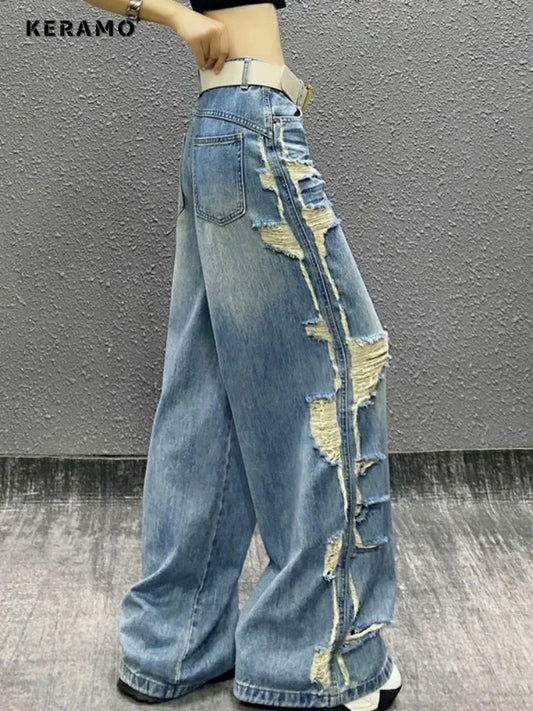 American Retro Ripped Full Length Grunge Street Jean Hip-hop Damage Baggy Mop Pants Women's Casual Y2K Emo Blue Denim Trouser