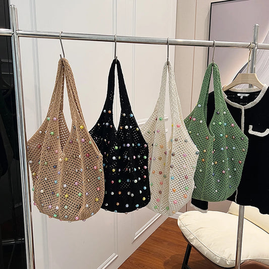 Women Boho Crochet Bag with Colored Beads Aesthetic Knit Bag Large Capacity Knitted Tote Handbag Ladies Daily Handbag