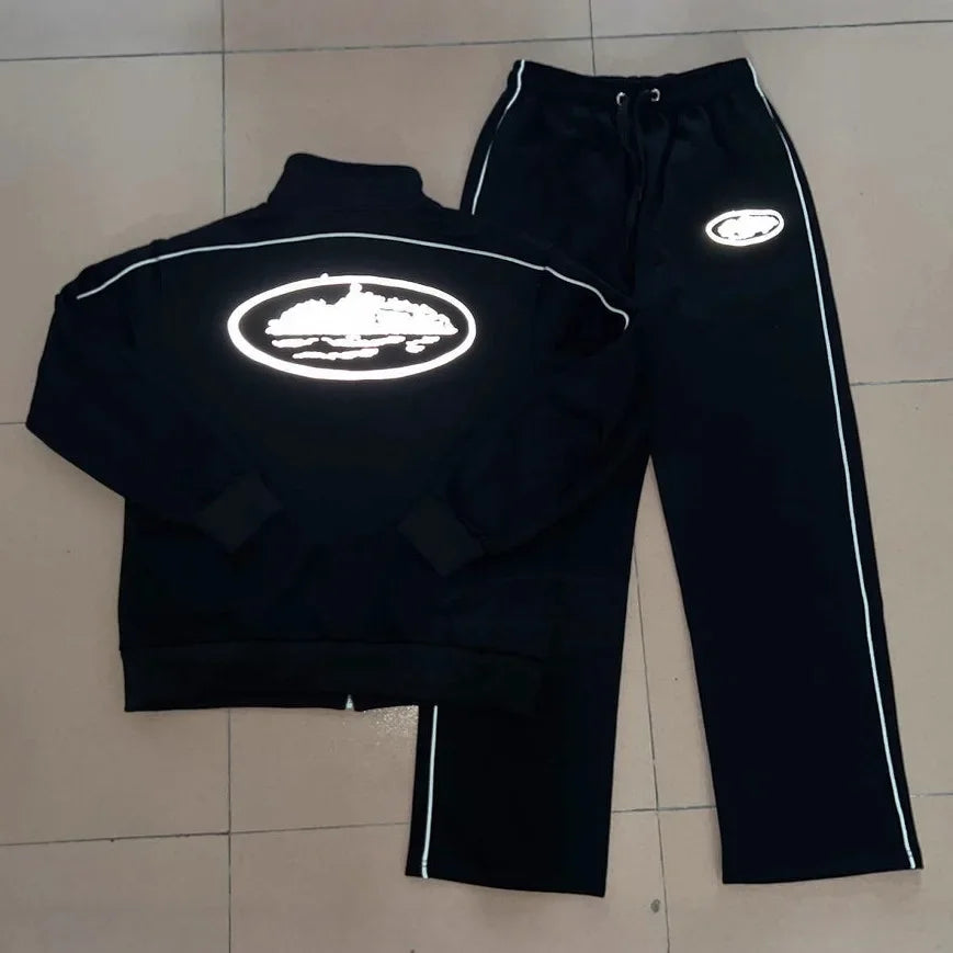 New Autumn Winter Reflective Letter Series Devil Island Zipper Hoodie Pants Men's Clothing Set High Visibility Sports Jacket