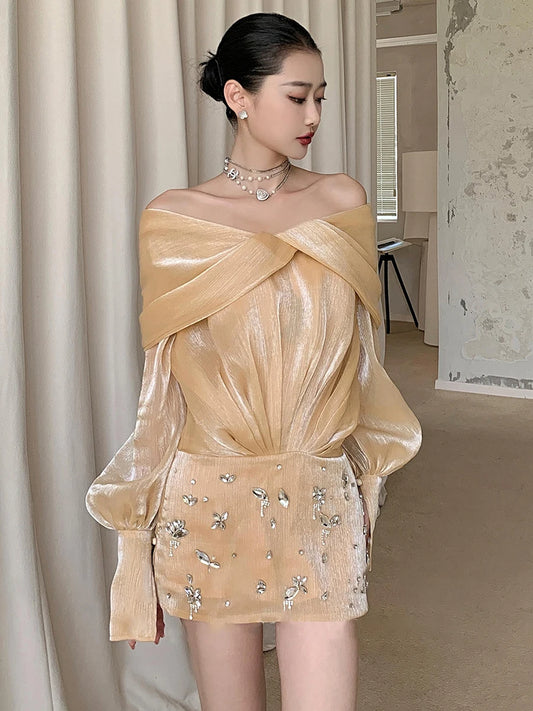 TWOTWINSTYLE Solid Spliced Diamonds Slimming Dresses For Women Slash Neck Long Sleeve High Waist Temperament Mini Dress Female