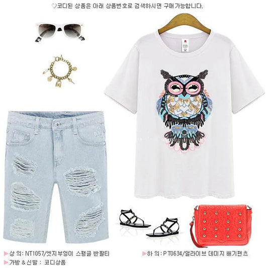 2024 Summer Ladies New Tops Women Cute Owl Hand-Beaded Sequins T-shirt Camisetas Mujer Size S-5XL T-Shirt Women's Cotton Tees