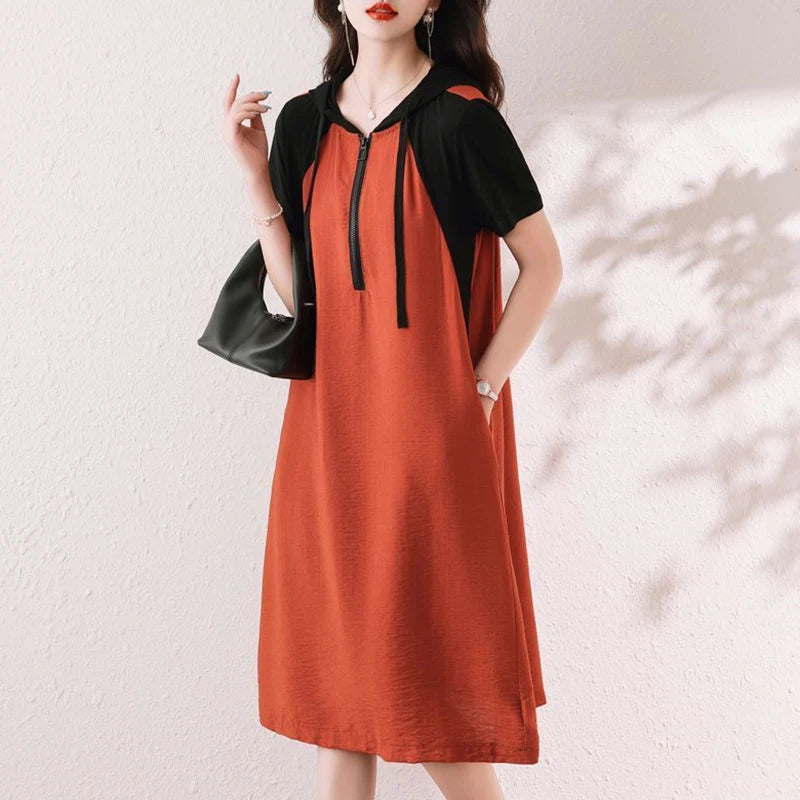 Fashion Hooded Spliced Loose Pockets Casual Dresses Women's Clothing 2025 Summer New Oversized Short Sleeve Commute Midi Dress