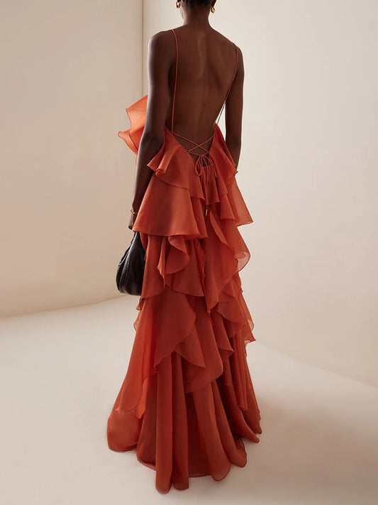 VGH Sexy Spliced Ruffles Backless Loose Dresses for Women Strapless Sleeveless Patchwork Flowers Minimalist Long Dress Female