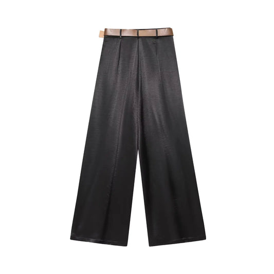 Summer New Women's Wear Solid Color Casual Chic Pleated Decoration With Belt Satin Textured Wide Leg Pants