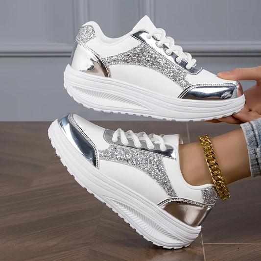 Women's Pure Color Sequins Sneaker, Lace-up Platform Sequined Decorative Walking Rock Shoes, High Top Sneakers Sneaker