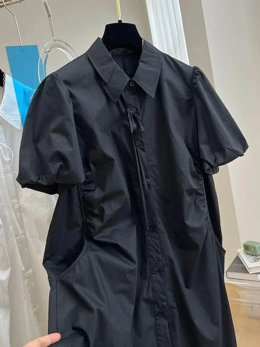 Summer Long Dress High-end Temperament Chic Women shirt Dress Lantern Short-sleeved Shirt Dress Women's Summer Dress Long Skirt