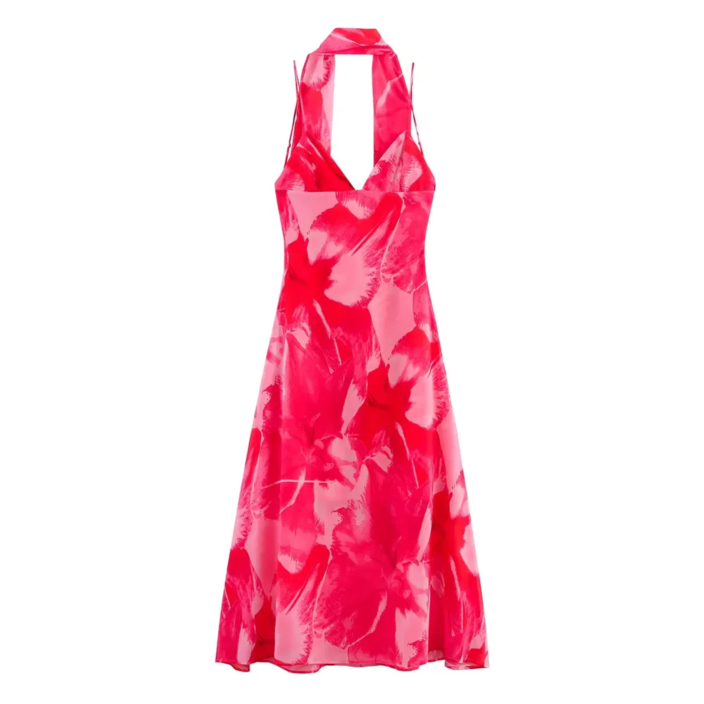 BM&MD&ZA2025V-neck thin sling backless design thin scarf decorated with printed long dress summer new women's clothing