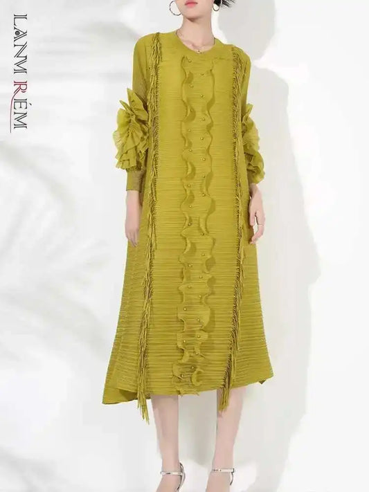 LANMREM Pleated Dress For Women V Neck Long Sleeves Solid Color Loose Big Size Female Elegant Clothing 2025 Spring New 2DB1281