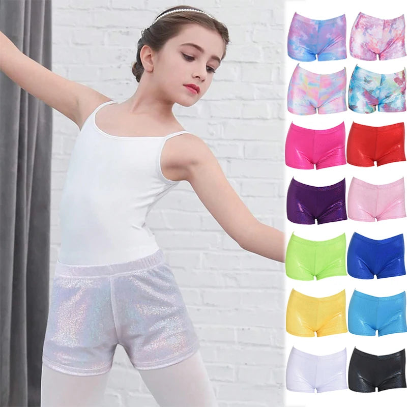 Girls Gymnastic Short Shiny Metallic Spandex Shorts for Ballet Dance Athletic Tumbling