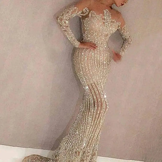 Women Spring Summer Dress Solid Color Long Sleeve Sequins O Neck Casual Fashion Sexy Elegant Comfortable Regular Standard Dress