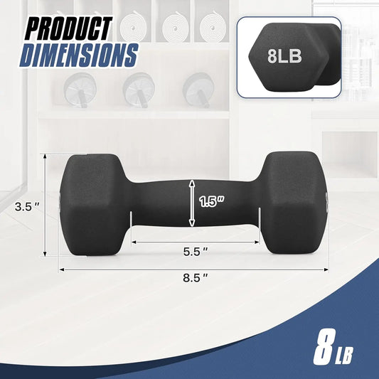 Black 8 Pound Dumbbell Pair, Anti-Slip Neoprene Coated Hexagon Hand Weights for Home Gym Equipment Workouts Strength Training