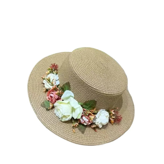 Rose Decorative Flat Top Straw Hat Spring Summer Leisure Outdoor Travel Sunscreen Beach Flat Top Straw Hat Sun Hats for Women