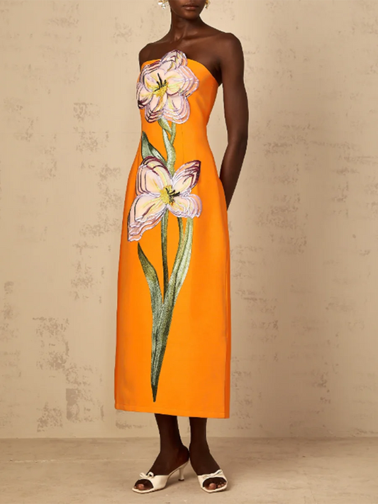 TWOTWINSTYLE Hit Color Slimming Spliced 3D Flower Elegant Dresses for Women Strapless Sleeveless Temperament Dress Female New