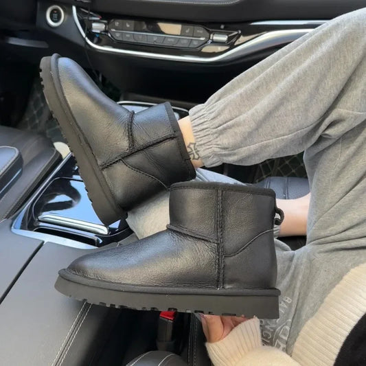 High quality wool women's boots, waterproof and glossy leather snow boots, pure wool warm high top low top flat bottom