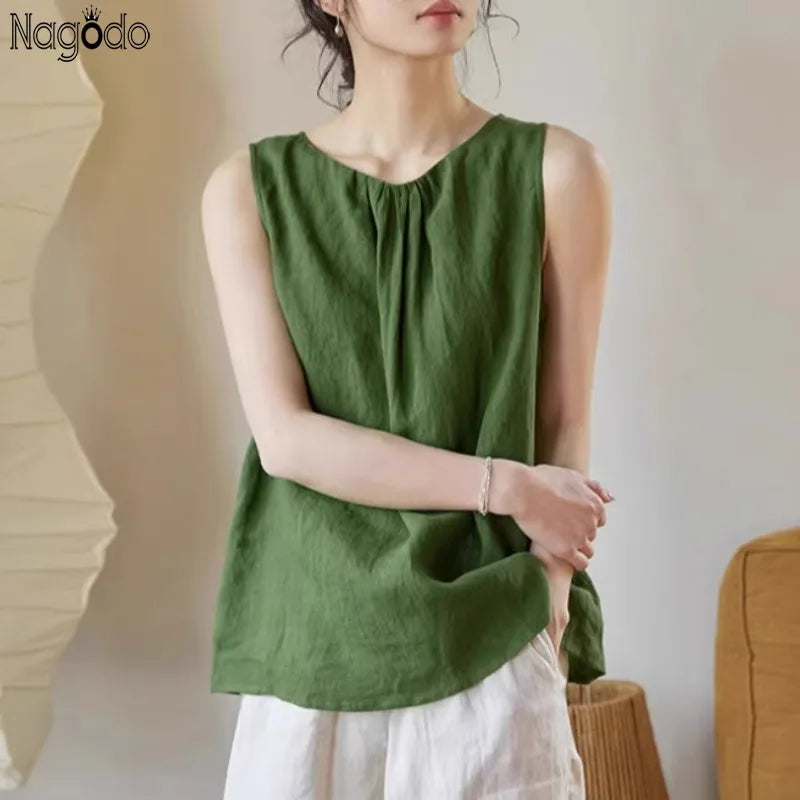 Summer Vintage Cotton Linen Woman Top Round Neck Green Sleeveless Vest Loose Breathable T-shirt Casual Women's Tee
