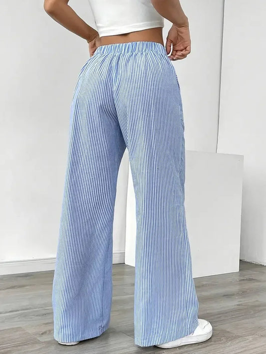 Plus Size Women's Striped Wide - Leg Pants, Drawstring Waist Casual Loose Fit Trousers for Summer