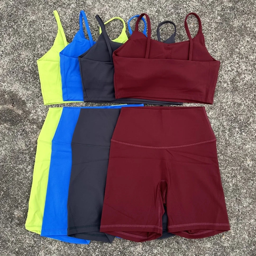 Solid Color Gym Cycling shorts Yoga Set Short Legging +Spaghetti straps Sport Bra Athletic Women Suit Comprehensive Training Jog