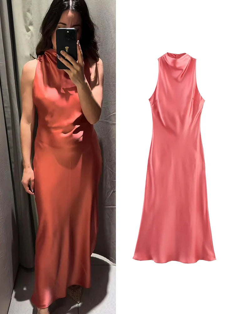 TFMLN 2025 Women's Long Dresses Round Neck Sleeveless Solid Chic Elegant Dress Lady New Party Slim Commuter Summer Dress