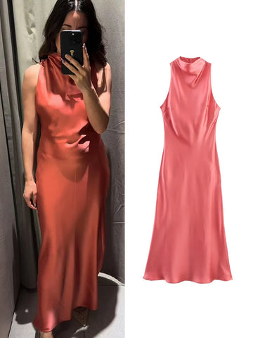 TFMLN 2025 Women's Long Dresses Round Neck Sleeveless Solid Chic Elegant Dress Lady New Party Slim Commuter Summer Dress