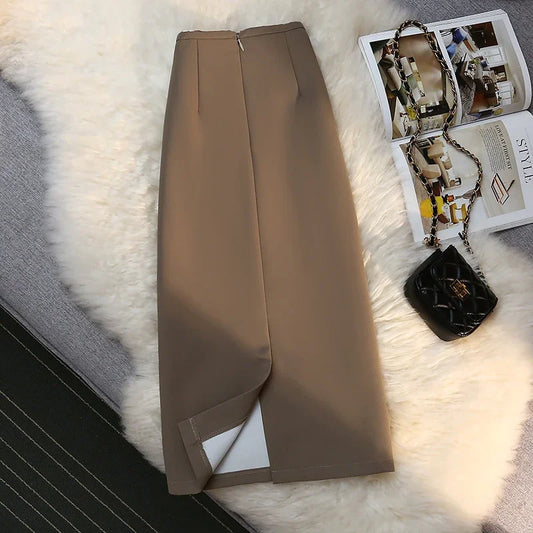 Spring Summer Elegant Women's Wrap Midi Skirts High Waist Black Workwear Back Zipper A-Line Skirts Female New