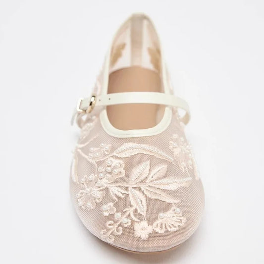 Mesh Embroidery String Bead Brand Women Ballet Flats Fashion Buckle Breathable Mary Jane Shoe Comfort Low Heel Soft Flat Sandals