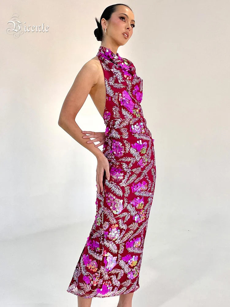 VC Sexy Halter Luxury Sequins Appliques Midi Dress Women Sleeveless Backless Bright Sequined Slim Evening Party Cocktail Gowns