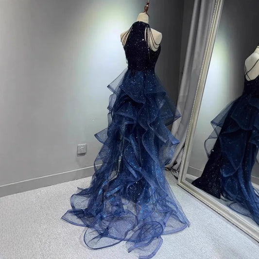 Elegant Sparking Navy Blue Evening Dresses Halt Beading Party Gown Customized Prom Dress 2025 Tiered robes de soirée Sweep Train