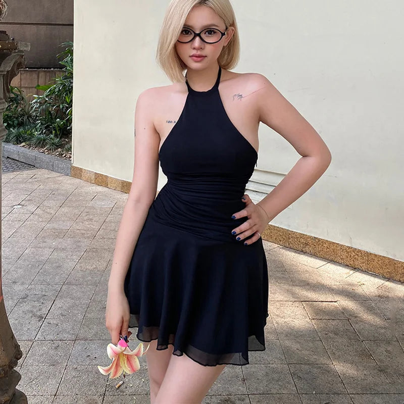 Women's Black Neck Hanging Mini Dress Summer 2025 Slim Fit Backless A Line Dresses Women Sexy Spaghetti Strap Party Dress Woman