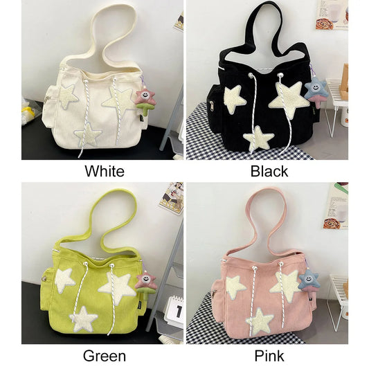Women Kawaii Sling Bag with Pendant Casual Satchel Bag Large Capacity Corduroy Star Applique Leisure Travel Outdoor Bag