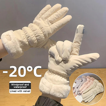 1Pair Ski Gloves Women Winter Fleece Thickened Warm Windproof Waterproof Touch-Screen Gloves For Outdoor Riding Mountaineering