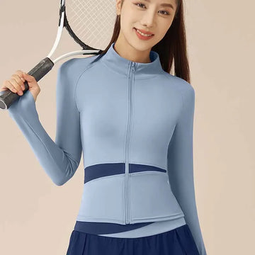 Women's Running Jacket Tights Contrast Color Quick Dry Long Sleeved Sports Top Workout Yoga Wear Stand Collar Fitness Gym Coat