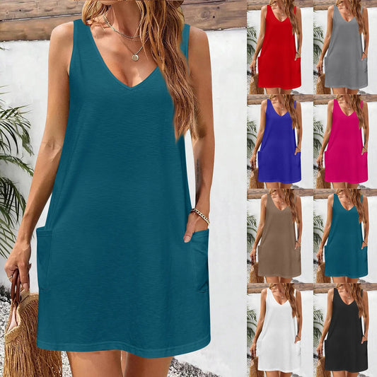 2024 Women Summer Casual Swing T-Shirt Dresses Beach Cover Up With Pockets Solid Color Loose T-shirt Dress Oversize Beach Party