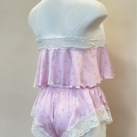 Kawaii Printed Pajamas Women's Sleepwear French Lace Pink Beauty Back Suspenders Sleep Tops with Shorts Loungewear Two-piece Set