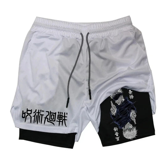 Anime Jujutsu Kaisen Compression Shorts for Men, Quick Dry Athletic Shorts, Pocket Performance, Gym, Workout, Fitness, 2 in 1