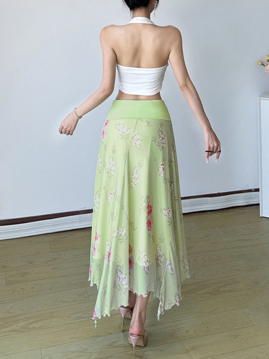 Holiday Floral Mesh Asymmetrical Skirts Beach Style Patchwork Low-Waisted Midi Skirts Women