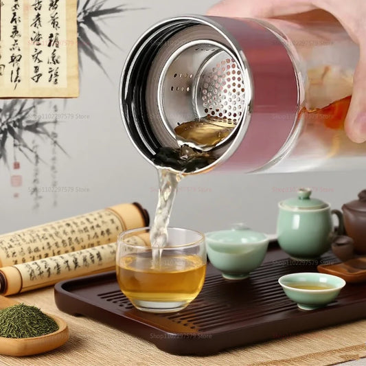 Double Walled Glass Tea Bottle 420ML Insulated Tumbler with Tea Strainer Leak Proof Hot Water Bottle for Office Travel Home Use