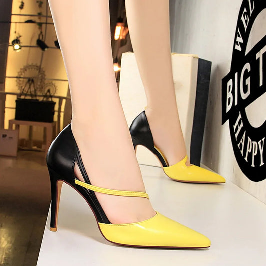 New Summer Women 9.5cm High Heels Sandals Nightclub Stripper Heels Sexy Patchwork Sandles Party Ankle Strap Yellow Pink Shoes