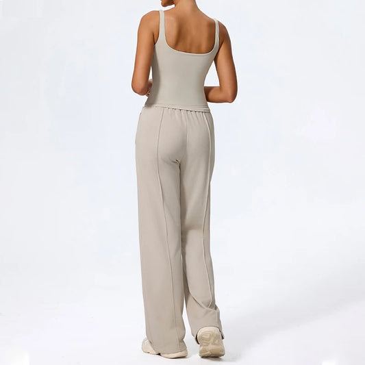 Hearuisavy 2Pcs Women Straight Fit Sweatpants Set Casual Outdoor Running Workout Yoga Vest Drawstring Pocket Sport Pants Female