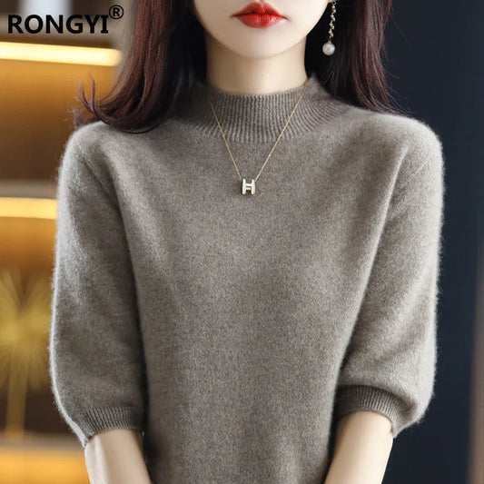 RONGYI Seamless Cashmere Sweater Knitted Women's Clothing 100% Pure Wool Short-Sleeved 2022 Spring Five-Quarter Sleeve  Pullover