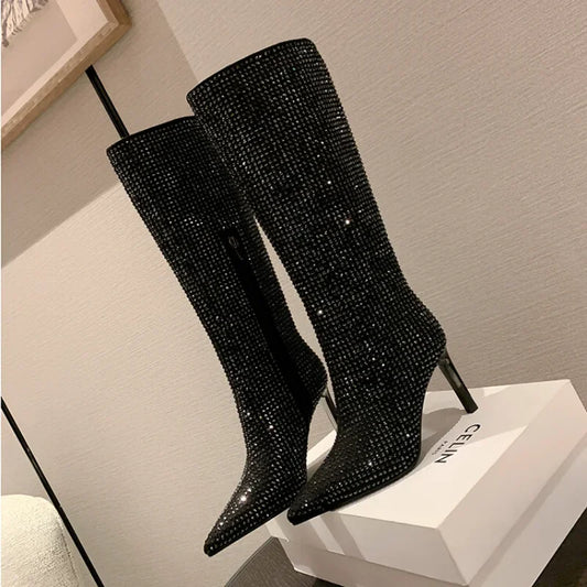 2022 New Over Knee Diamond Zippered Women's Boots Leather Thigh Boots Rivet Sequins Knee High Boots 12cm Thin Heel Autumn Shoes
