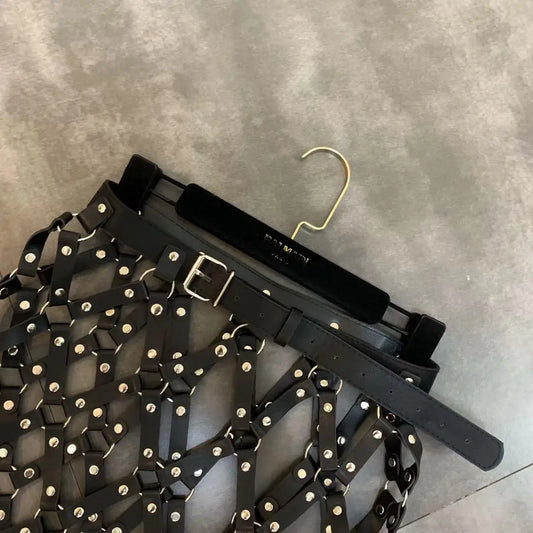 2023 Autumn New Pu Leather Skirt Women Sexy Diamond Grid Hollowed Out PU Skirt Outwear Nigh Club Lady Skirts Mini Mujer
