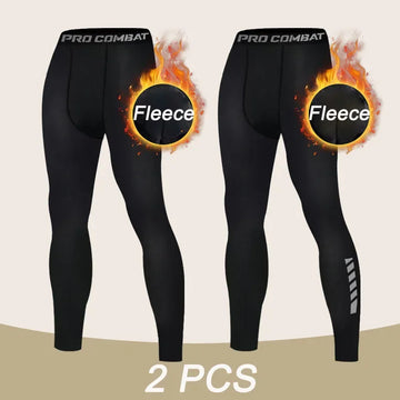 Mens Warm Compression Leggings 1-2 Pcs Sport Training Pants Dry Fit Running Tights Fitness Basketball Jogging Fleece Trousers