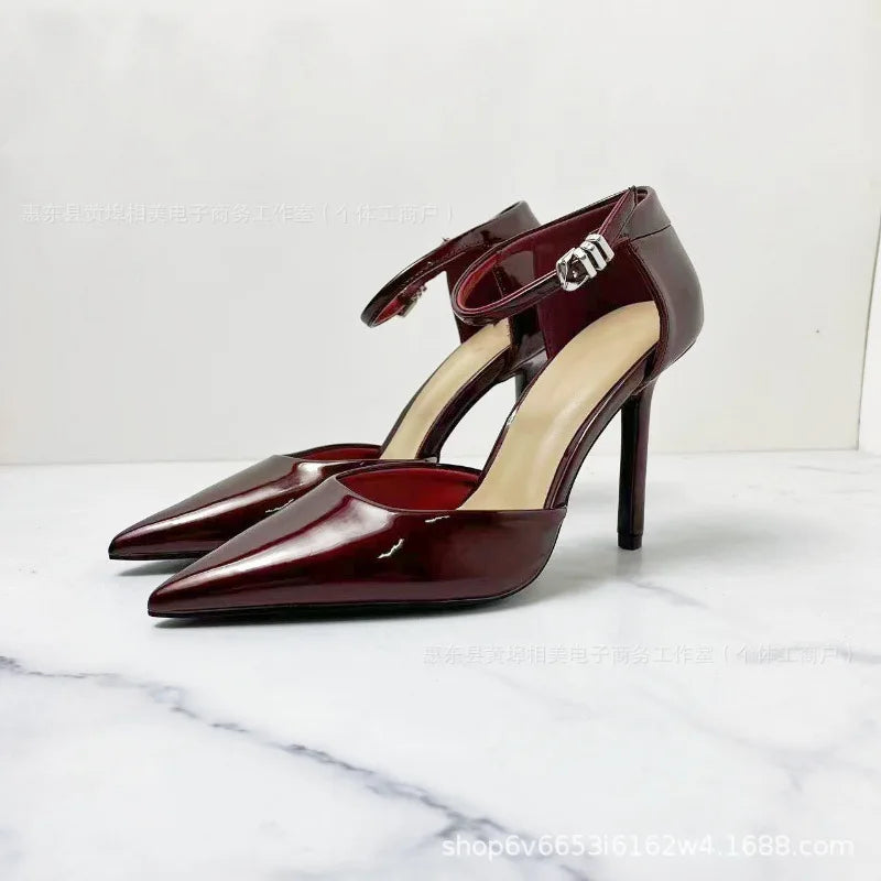 New style women's shoes: central control, one-piece ankle strap, high heels, pointed toe, thin heel