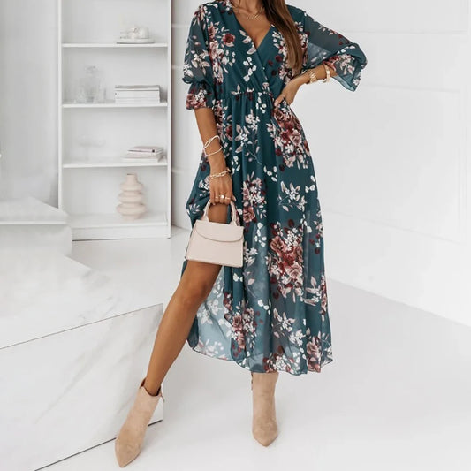 Women's Boho Floral Printed V-Necl Chiffon Split A-Lined Midi Dress Summer Fashion Ladies Vacation Holiday Party Sundress S-2XL