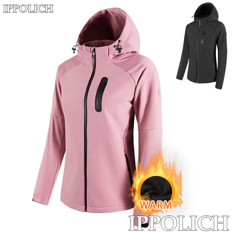Hooded Softshell Jacket Women Sports Waterproof Jacket Add velvet keep Warm Jacket Outdoor Female Sport Hooded Jacket Windproof