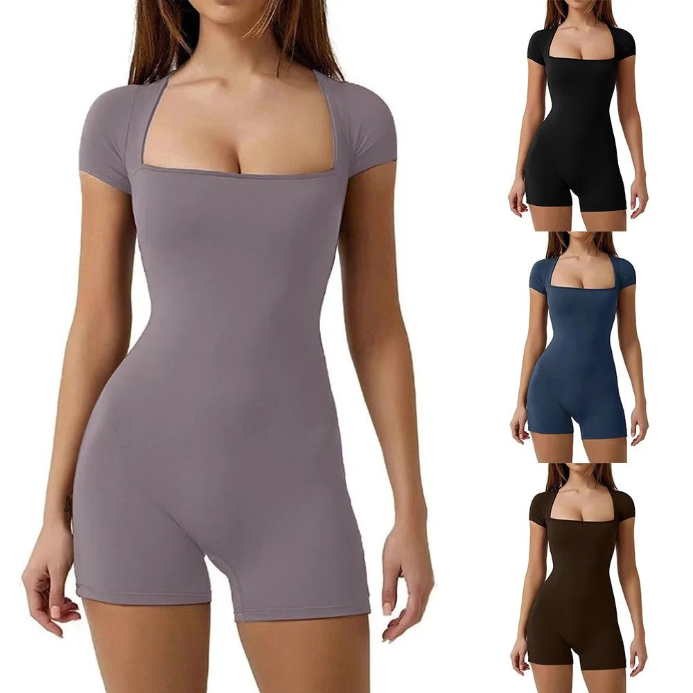 Short Sleeve One Piece Yoga Suit Fashion One Piece Solid Color Yoga Bodysuit Stretchy Square Neck Gym Jumpsuit Women