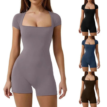 Short Sleeve One Piece Yoga Suit Fashion One Piece Solid Color Yoga Bodysuit Stretchy Square Neck Gym Jumpsuit Women